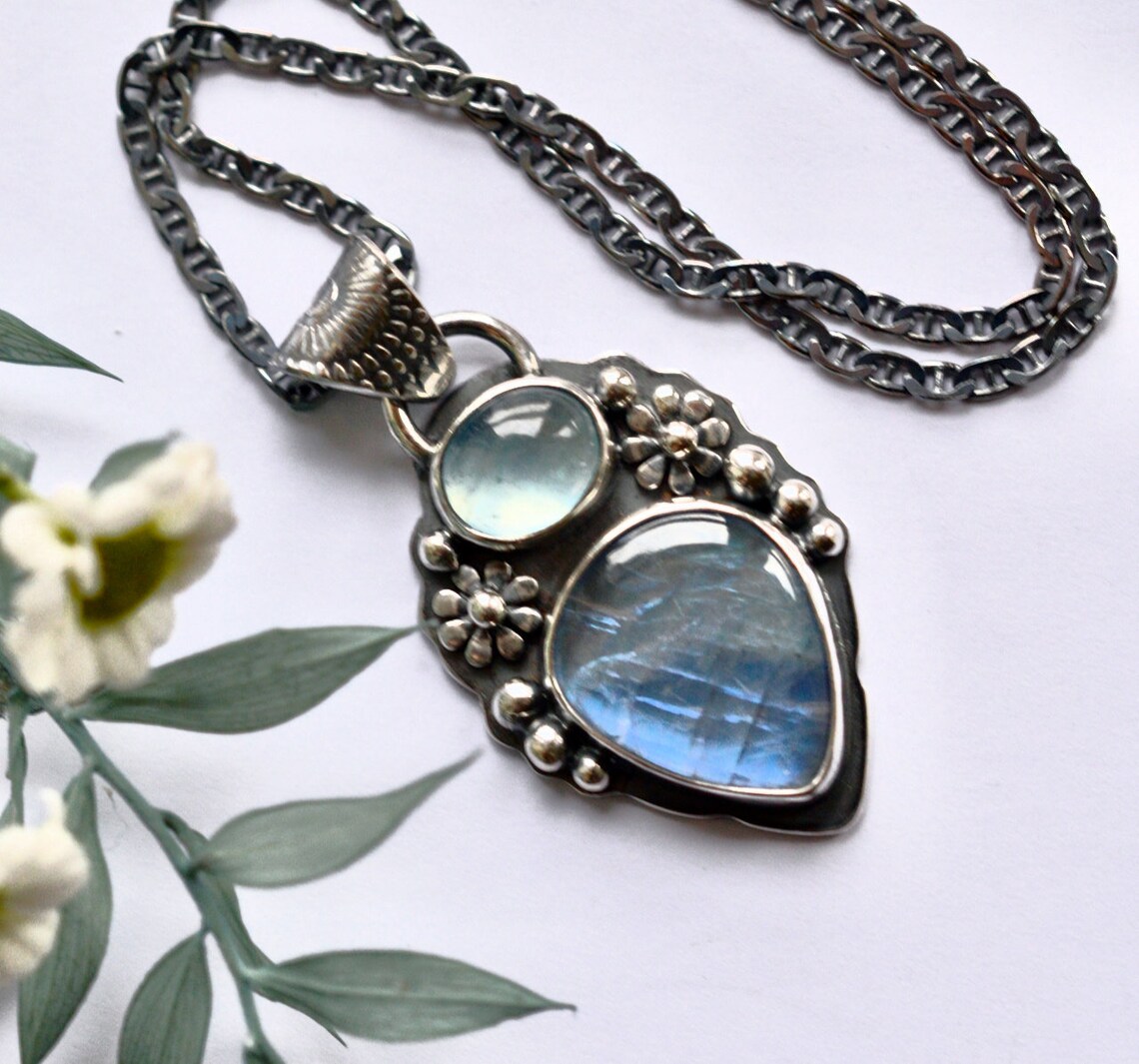 Moonstone and Aquamarine Necklace Hand Fabricated in Silver Etsy