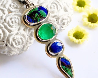 Azurite and Emerald Green Quartz Pendant, Multi Stone Bezel Work, One of a Kind, Blue and Green Stone Pendant