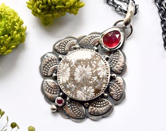 Fossilized Coral Necklace in Detailed Silver and Ruby