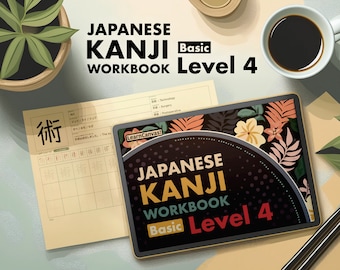 May include: A digital tablet displaying a workbook cover with the text "Japanese Kanji Workbook Basic Level 4" on a floral background. The tablet is lying on a table with a notebook and a cup of coffee.