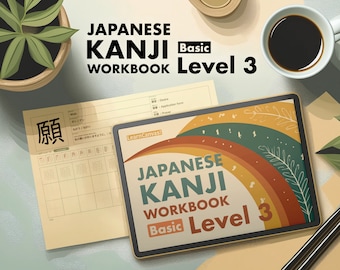 May include: A digital tablet displaying a colorful cover for a Japanese Kanji Workbook, Basic Level 3. The cover features a rainbow design with green leaves and the text "Learn Canvas!" in white. The workbook is titled "Japanese Kanji Workbook" in black text with "Basic Level 3" in white text on a yellow background.