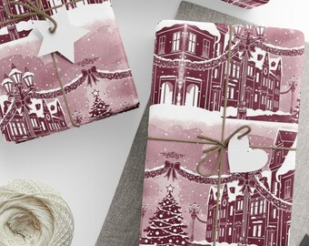 Vintage Snowy Village wrapping paper | Christmas holiday pattern