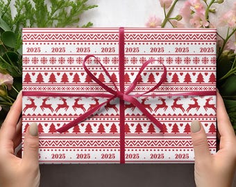 Nordic Christmas Wrapping Paper: Reindeer, Snowflake & Tree Pattern