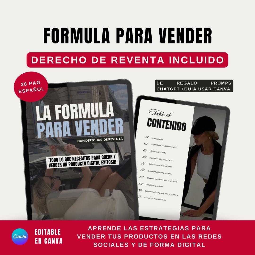 Formula for selling, Marketing, Digital Business, Ubc Dwa Spanish, Canva, Ebook, Resale Rights, Master Resell Rights, MRR, PLR, Spanish