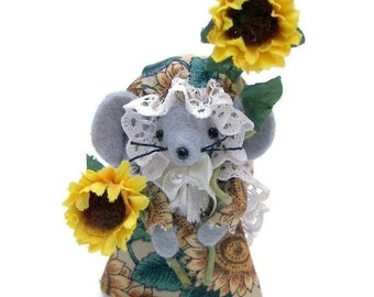 Felt Mouse Collectable Sunflower Gardener Mice Dressed in Sunflower Print Dress and Hat