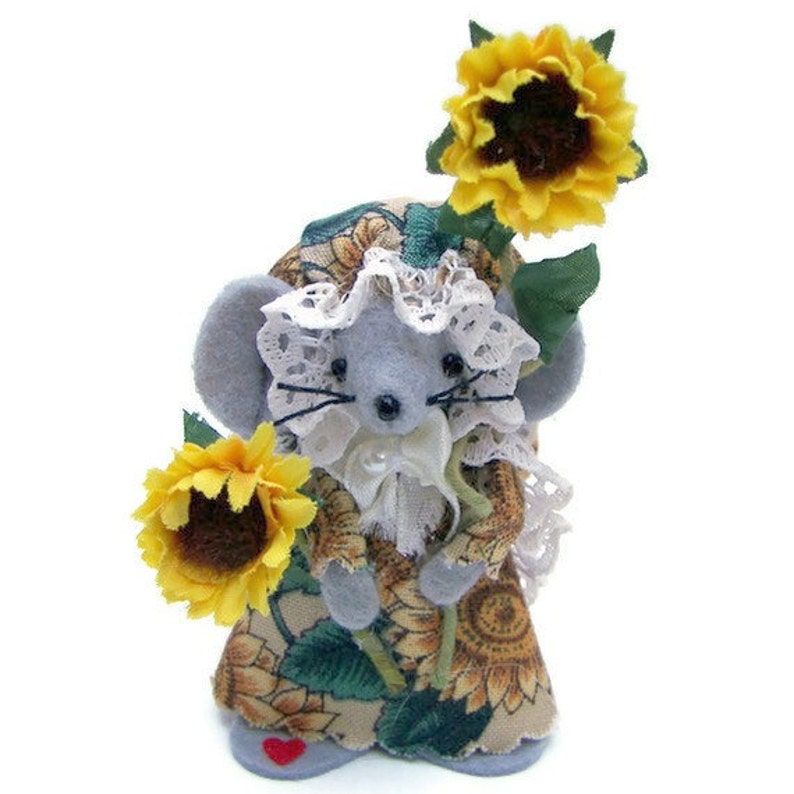 Felt Mouse Collectable Sunflower Gardener Mice Dressed in Sunflower Print Dress and Hat image 1