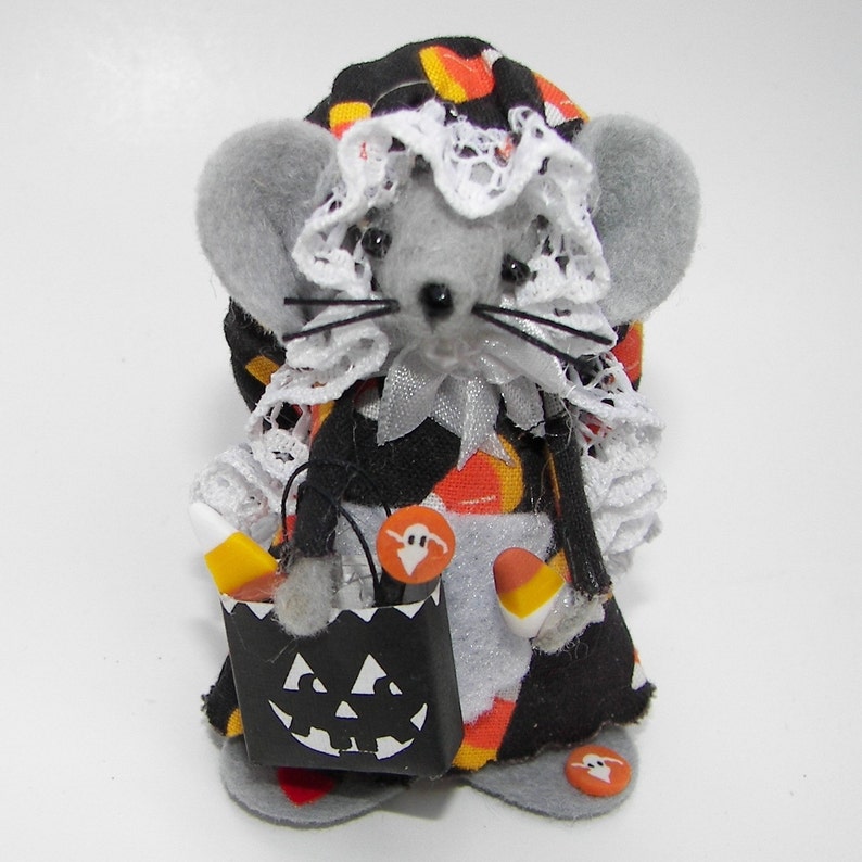 Halloween Felted Mouse Candy Corn Trick or Treater Black Orange Ornament Decoration image 2