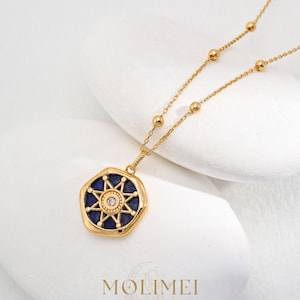Celestial Navigator | Lapis Pendant - Vintage Gold Lapis Lazuli & Zirconia Necklace in 925 Silver