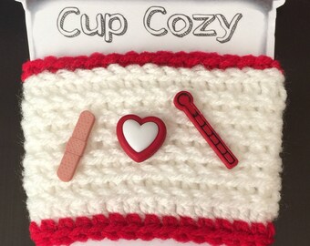 Nurse/ Doctor Coffee Cup/ Mug Cozy - Heart, Bandaid, Thermometer