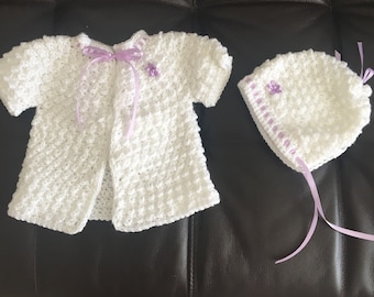 Handmade Crocheted Short Sleeve Cozy Sweater w/ Matching Hat - Textured - White & Purple/ Lilac - 0 to 3 months - Ready to Ship