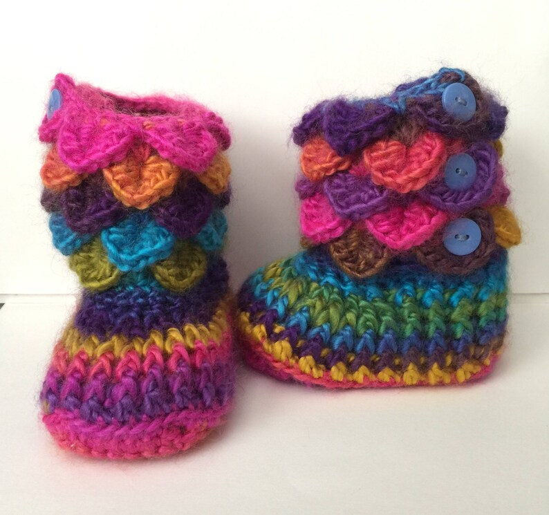 s /& 0-6 Any Color Months 6-12 Crocheted Crocodile Rainbow Boots w 3 Button Side Closure -