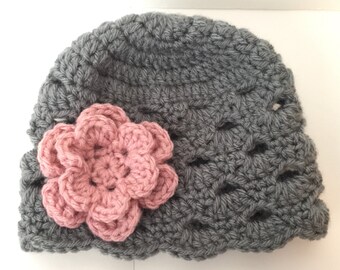 Shell Stitch Beanie/ Hat with Flower - Any Color(s)  - All Sizes Available