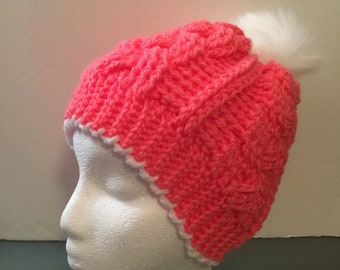 Braided Cable Beanie/ Slouch Hat w/ Faux Fur Pom Pom - Any Color - (fits most)