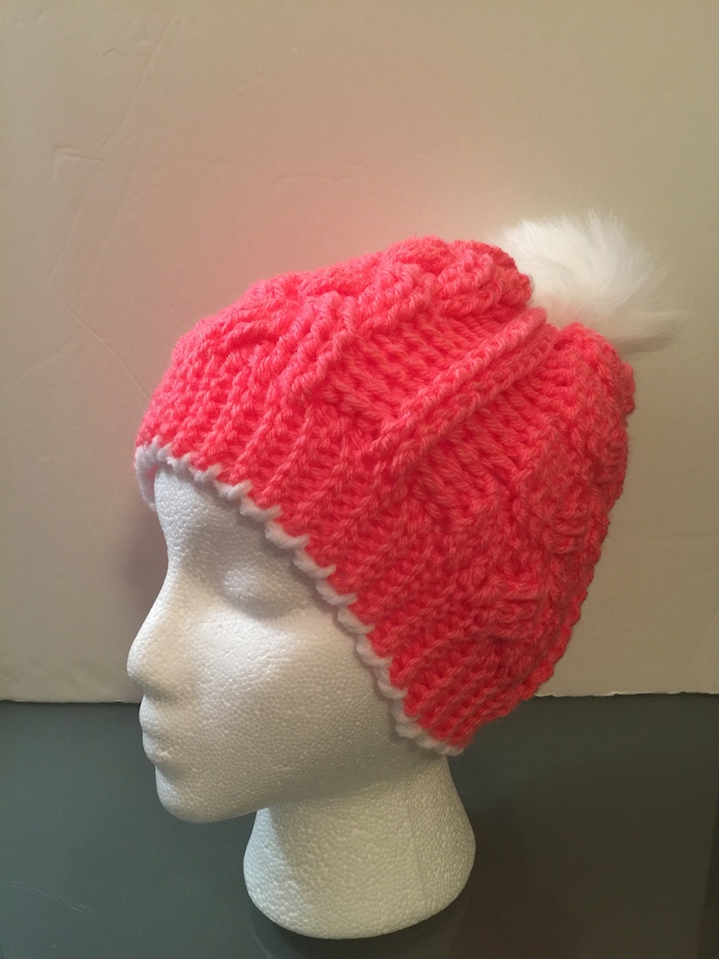fits most Braided Cable Beanie Slouch Hat w Faux Fur Pom Pom Any Color