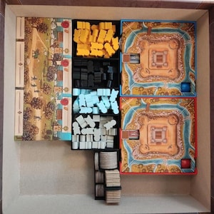 Può includere: Un organizer per giochi da tavolo con vari componenti. Il gioco include un tabellone paesaggistico, tabelloni a tema castello e una varietà di pedine gialle, nere, azzurre e bianche. L'organizer è in una scatola marrone.