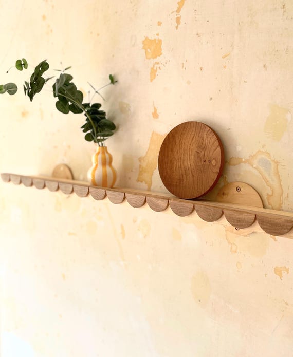 Art Deco Floating Shelf with Scallop Marquetry Frill | English Oak & Birch Picture Shelf | Modern Wall Shelf with Decorative Scalloped Edge