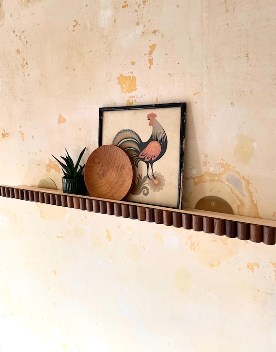 Solid Brass & Black Walnut Accent Scalloped Wall Shelf | Fluted Picture Ledge | Maximal Scallop Picture Shelf | Modernist Fluted Shelving