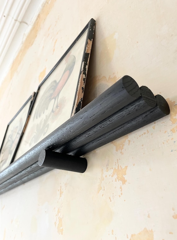 Three Spindle Black Oak Picture Shelf | Unique Mid Century Modern Photo Ledge | Sleek & Minimal Blackened Oak Wall Shelf | Handmade Shelving