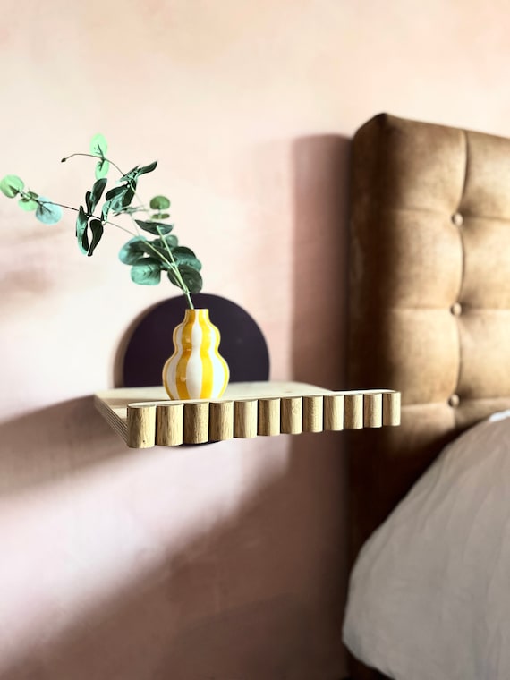 Art Deco Floating Nightstand | Scalloped Bedside Table | Wall Hung Decorative Nightstand | Wall Mounted Oak & Birch Bedside Shelf