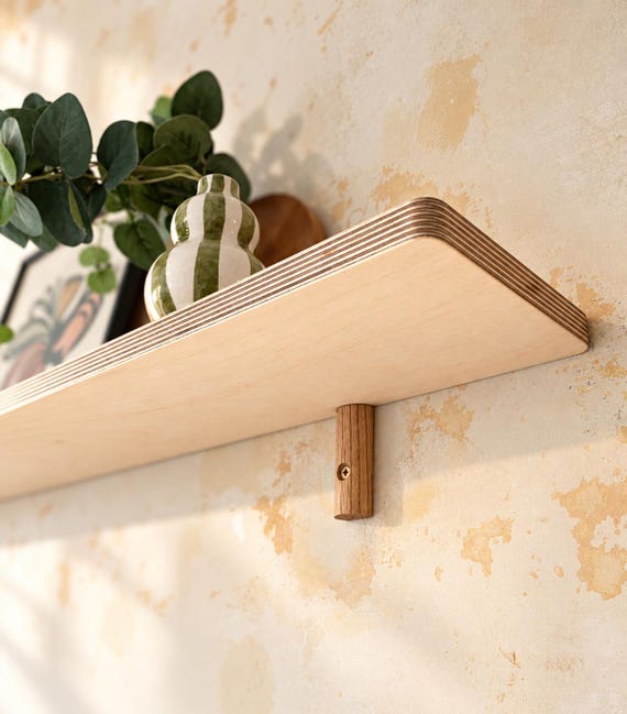 Modernist Birch Plywood Shelf with Art Deco Oak Brackets