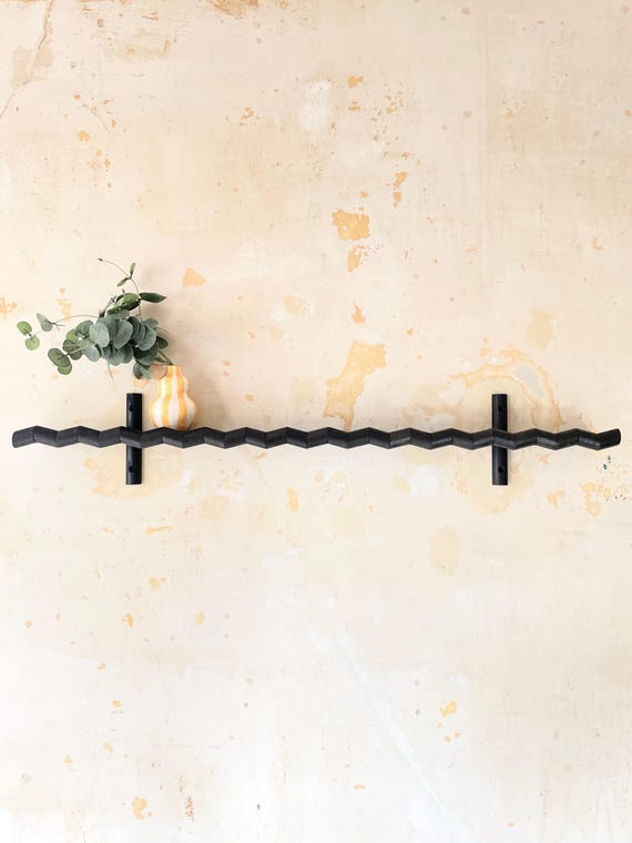 Blackened Ash Maximal Zigzag Wall Shelf | Geometric Art Deco Floating Picture Shelf | Ebonised Sleek Picture Ledge | Accent Wall Decor