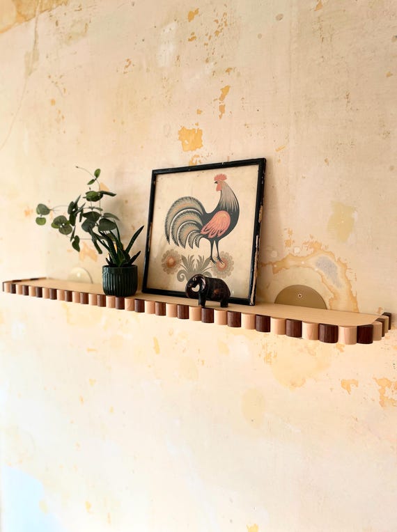 Solid Brass, Maple and Walnut Curved & Scalloped Tray Edge  Wall Shelf | Birch Plywood Maximal Shelving | Picture Shelf with Accent Fluting