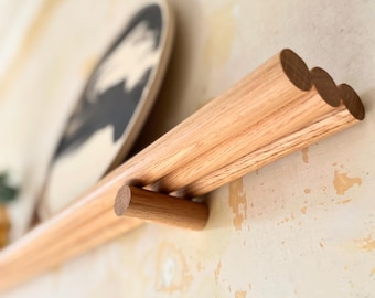 Three Spindle Oak Mid Century Picture Shelf | Sleek Scandi Floating Wall Decor