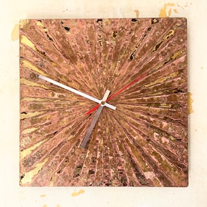 Solid Brass Wall Clock | Pink Brass Patina Starburst | Art Nouveau Clock | Aged Brass Square Clock