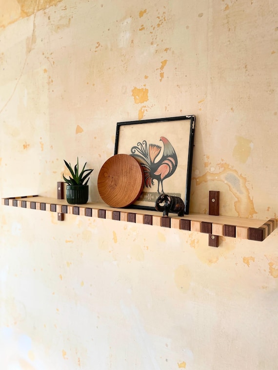 Solid Ash & Walnut Checkerboard Floating Shelf | Textured Timber Check Shelving | Deco Floating Shelf | Maximal Tray Edge Picture Shelf