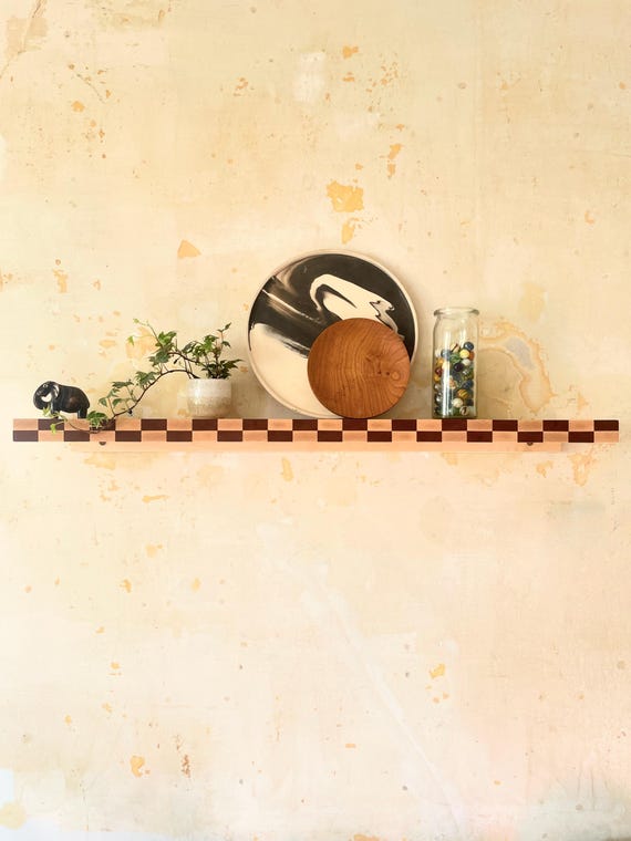 Checkerboard Maple & Sapele Marquetry Mid Century Wall Shelf