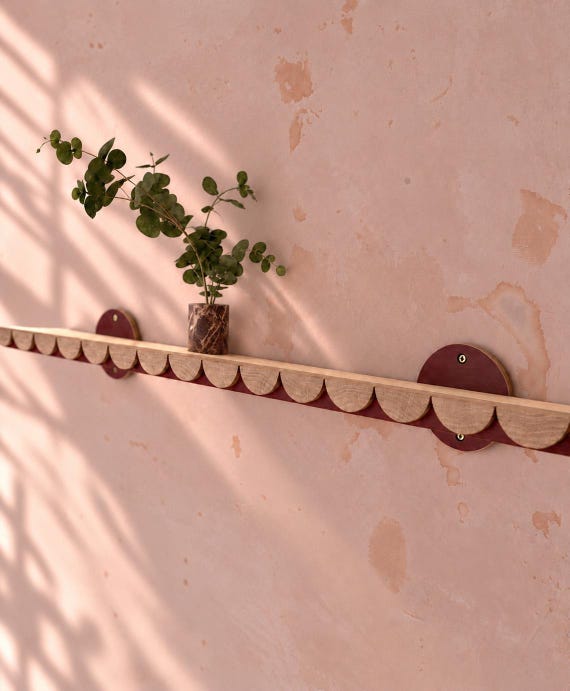 End Grain Oak Scallop Picture Shelf | Burgundy Red & Birch Plywood Accent Wall Shelf | Maximal Floating Shelf | Art Deco Picture Shelf