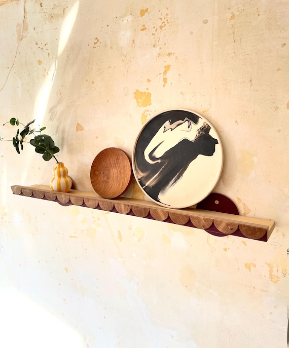 End Grain Oak Scallop Picture Shelf | Burgundy Red & Birch Plywood Accent Wall Shelf | Maximal Floating Shelf | Art Deco Picture Shelf