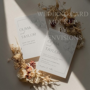 Mockup dubbele trouwkaart PSD | Uitnodigingssuite van 5 x 7 en A2 | Elegante minimalistische flatlay voor briefpapierontwerpers