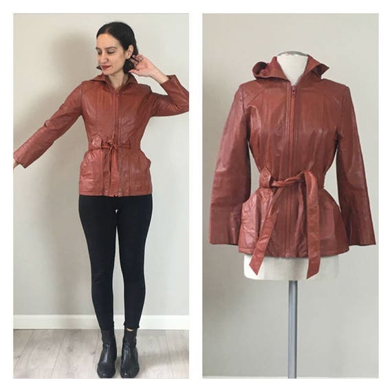 70s Brick leather Hoodie trench coat Small