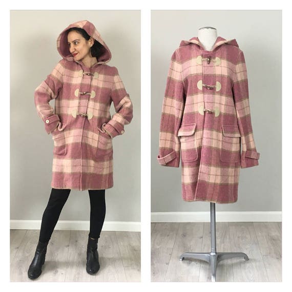 Vintage 90s Pink plaid wool hooded toggle coat S