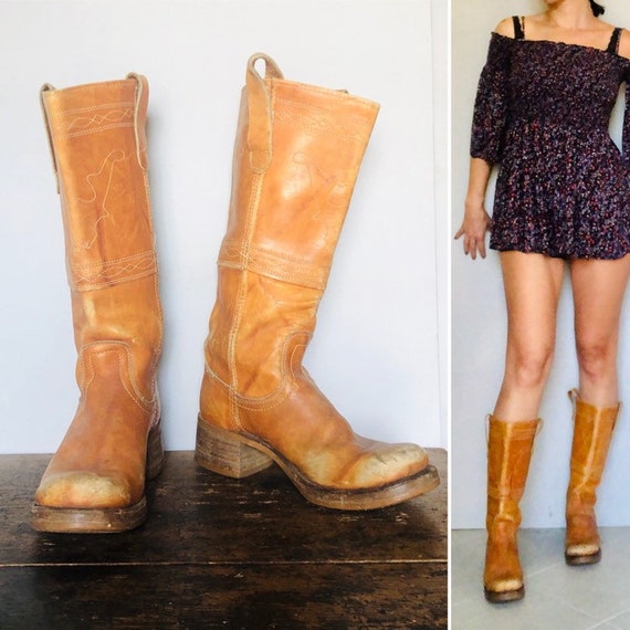 Vintage 70s stack heel mustard brown leather bohem
