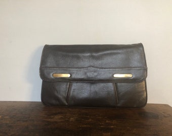 Vintage 60s brown leather Art Deco clutch purse