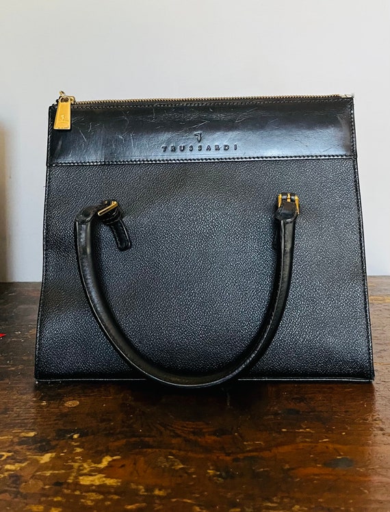 Gorgeous 80s black leather Trussardi tote bag