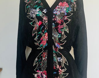 Vintage 80s Designer Diane Frais Silk art deco blouse S M