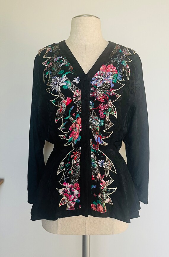 Buy Vintage 80s Designer Diane Frais Silk Art Deco Blouse S M 