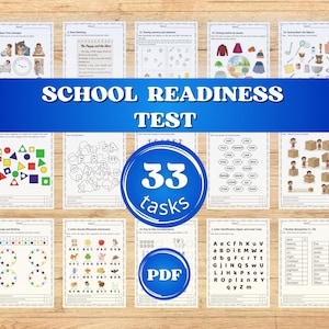 Puede incluir: Un conjunto de hojas de trabajo educativas para una prueba de preparación escolar. Las hojas de trabajo cubren varios temas, incluyendo conceptos básicos, lectura de cuentos e identificación de letras. La pancarta azul dice "SCHOOL READINESS TEST". Un círculo azul dice "33 tareas" y "PDF".