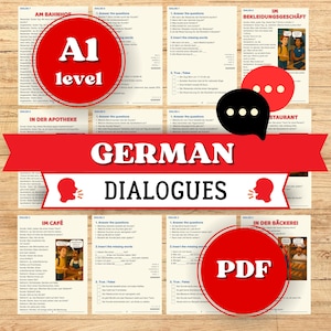 May include: A PDF document with German dialogues for A1 level learners. The document features various scenarios, including dialogues at a train station, pharmacy, cafe, clothing store, restaurant, and bakery. Red circles with white text and speech bubbles are also present.