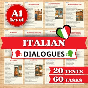 Könnte beinhalten: Eine Sammlung von Italienisch-Lernmaterialien mit zwanzig Dialogen und sechzig Aufgaben. Die Seiten enthalten Texte auf A1-Niveau, Illustrationen verschiedener Szenarien und rote Banner mit dem Text Italian Dialogues, 20 Texts und 60 Tasks.