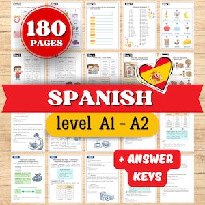 May include: A Spanish language learning workbook with 180 pages, level A1-A2. The workbook includes vocabulary, grammar, and exercises. The cover features the word "Spanish" in large letters, and the pages are arranged in a grid.