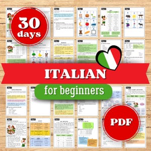 Könnte beinhalten: Eine Sammlung von Karteikarten zum Italienischlernen. Die Karten sind auf einer Holzoberfläche angeordnet und zeigen farbenfrohe Illustrationen und Text. Die Wörter "30 Tage", "Italian for beginners" und "PDF" sind sichtbar. Ein rotes Banner mit dem Wort "Italian" ist ebenfalls vorhanden.