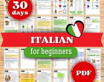 May include: A collection of flashcards for learning Italian. The cards are arranged on a wooden surface and feature colorful illustrations and text. The words "30 days", "Italian for beginners", and "PDF" are visible. A red banner with the word "Italian" is also present.