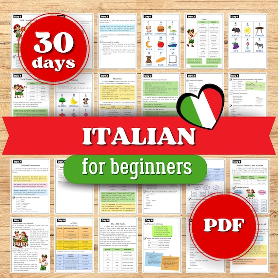 Learn Italian Workbook A1, 30-Day Beginner Study Guide, Grammar Worksheets (PDF)