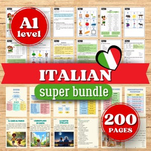 Op de afbeelding: Een verzameling Italiaanse leermaterialen. De afbeelding toont flashcards, werkbladen en tekstpagina's. De tekst bevat "A1 level", "Italian super bundle" en "200 pages". Het kleurenschema omvat rood, groen en wit.