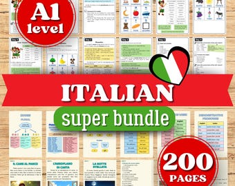 May include: A collection of Italian language learning materials. The image features flashcards, worksheets, and text pages. The text includes "A1 level", "Italian super bundle", and "200 pages". The color scheme includes red, green, and white.