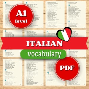 May include: A PDF Italian vocabulary resource for A1 level learners. The image shows flashcards with Italian words and their English translations. A red circle with "A1 level" is visible, along with a green banner that says "Italian vocabulary".